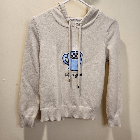 Life is Good Cream Hoodie with Blue Mug Design Size M Juniors - Picture 1 of 11